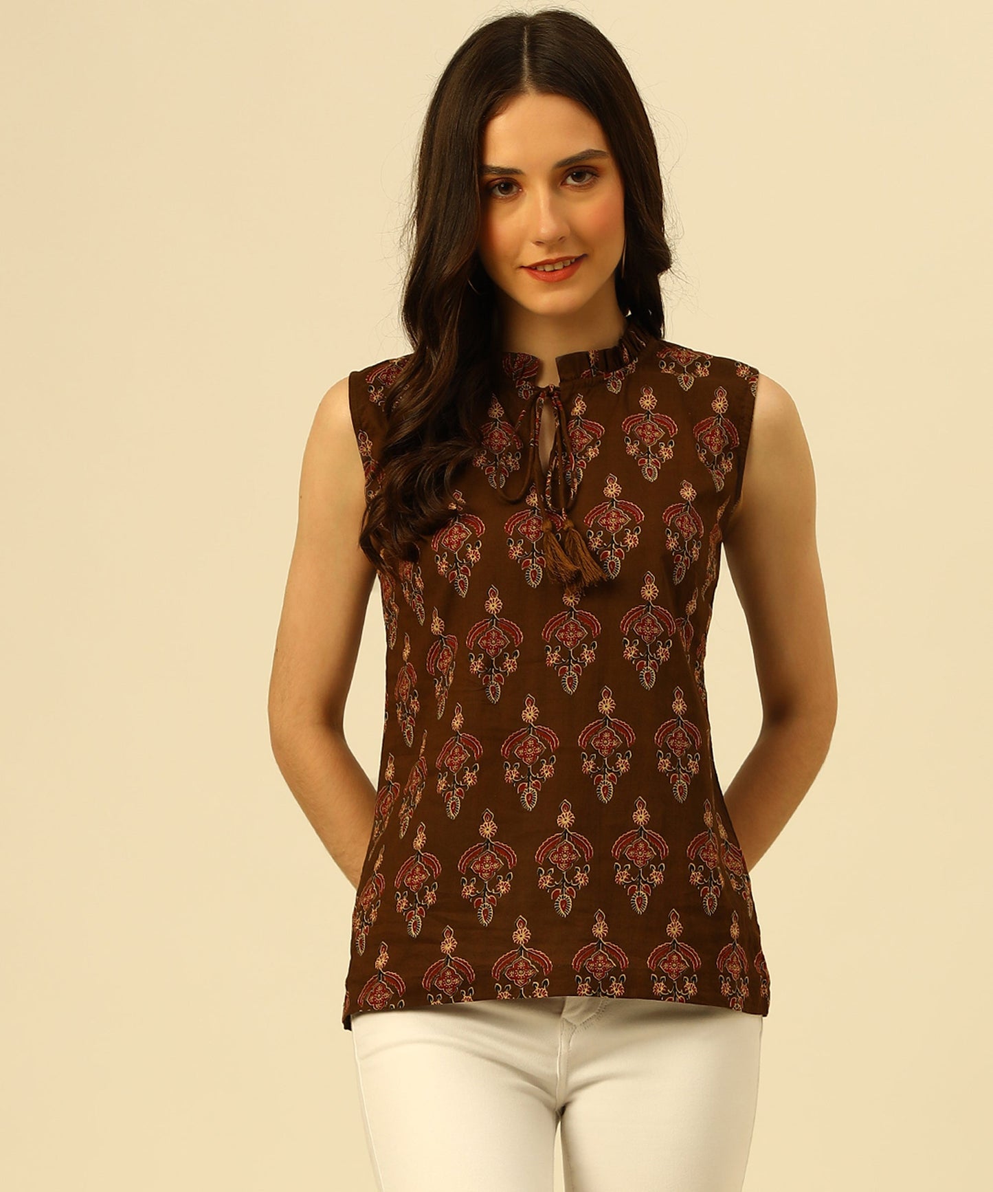 Cotton Printed Top Sleeveless Regular Fit Office Wear Casual Wear Top,Brown