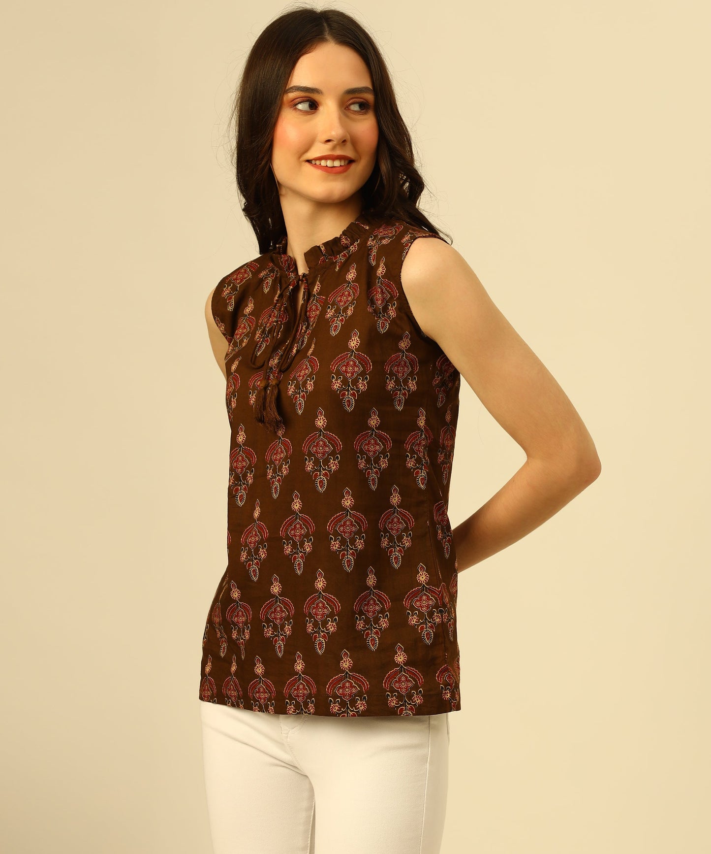Cotton Printed Top Sleeveless Regular Fit Office Wear Casual Wear Top,Brown
