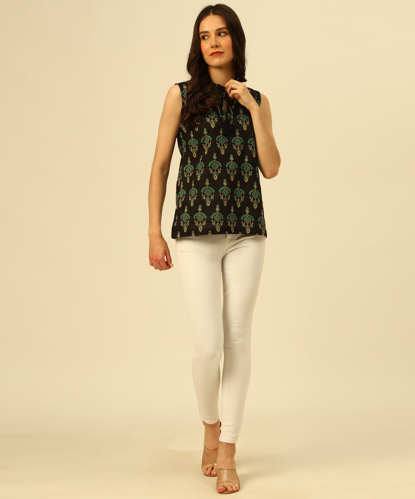 Cotton Printed Sleeveless Regular Fit Office Wear Casual Wear Top, Black