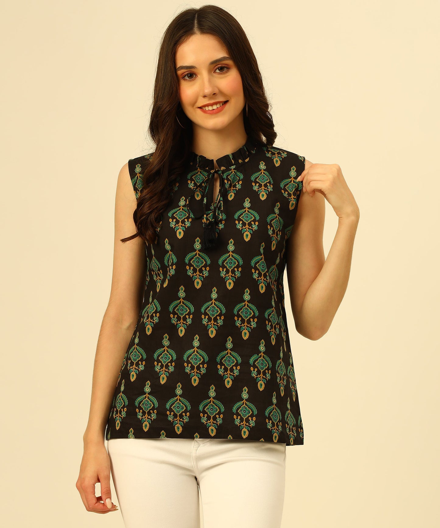 Cotton Printed Sleeveless Regular Fit Office Wear Casual Wear Top, Black