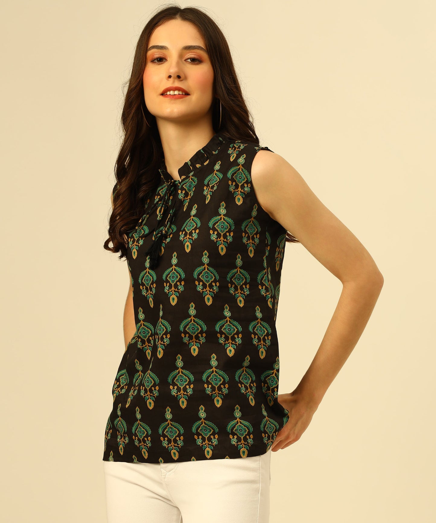 Cotton Printed Sleeveless Regular Fit Office Wear Casual Wear Top, Black