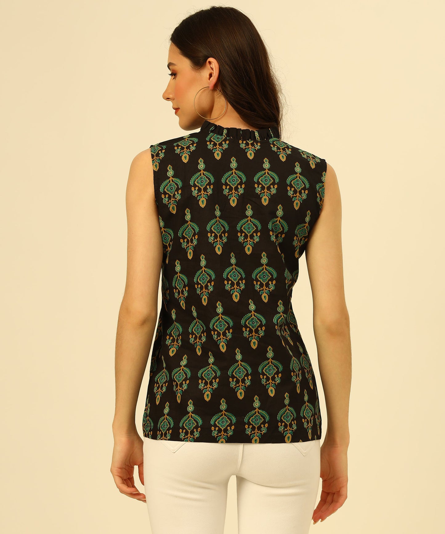 Cotton Printed Sleeveless Regular Fit Office Wear Casual Wear Top, Black