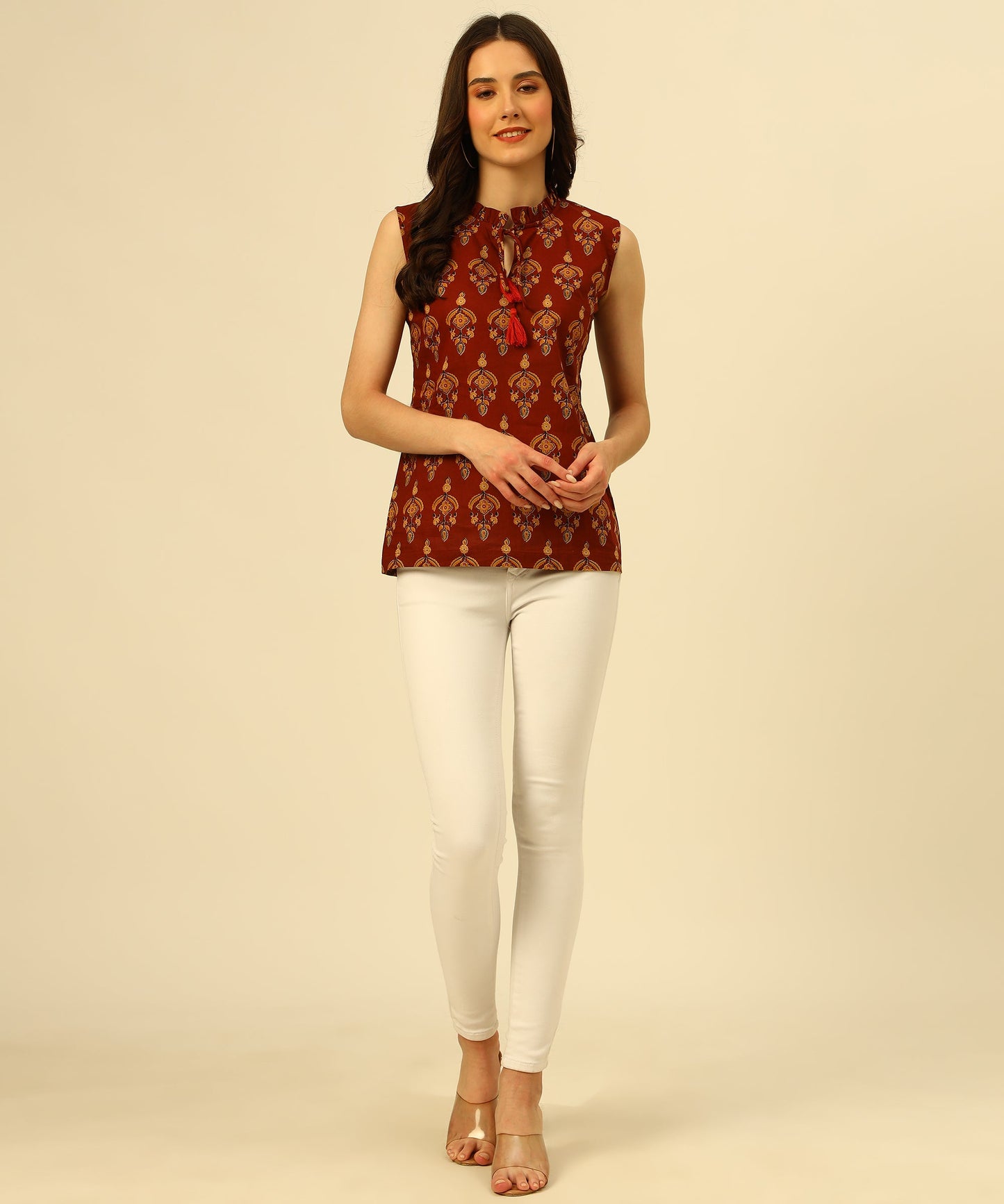 Cotton Printed Sleeveless Regular Fit Office Wear Casual Wear Top, Maroon