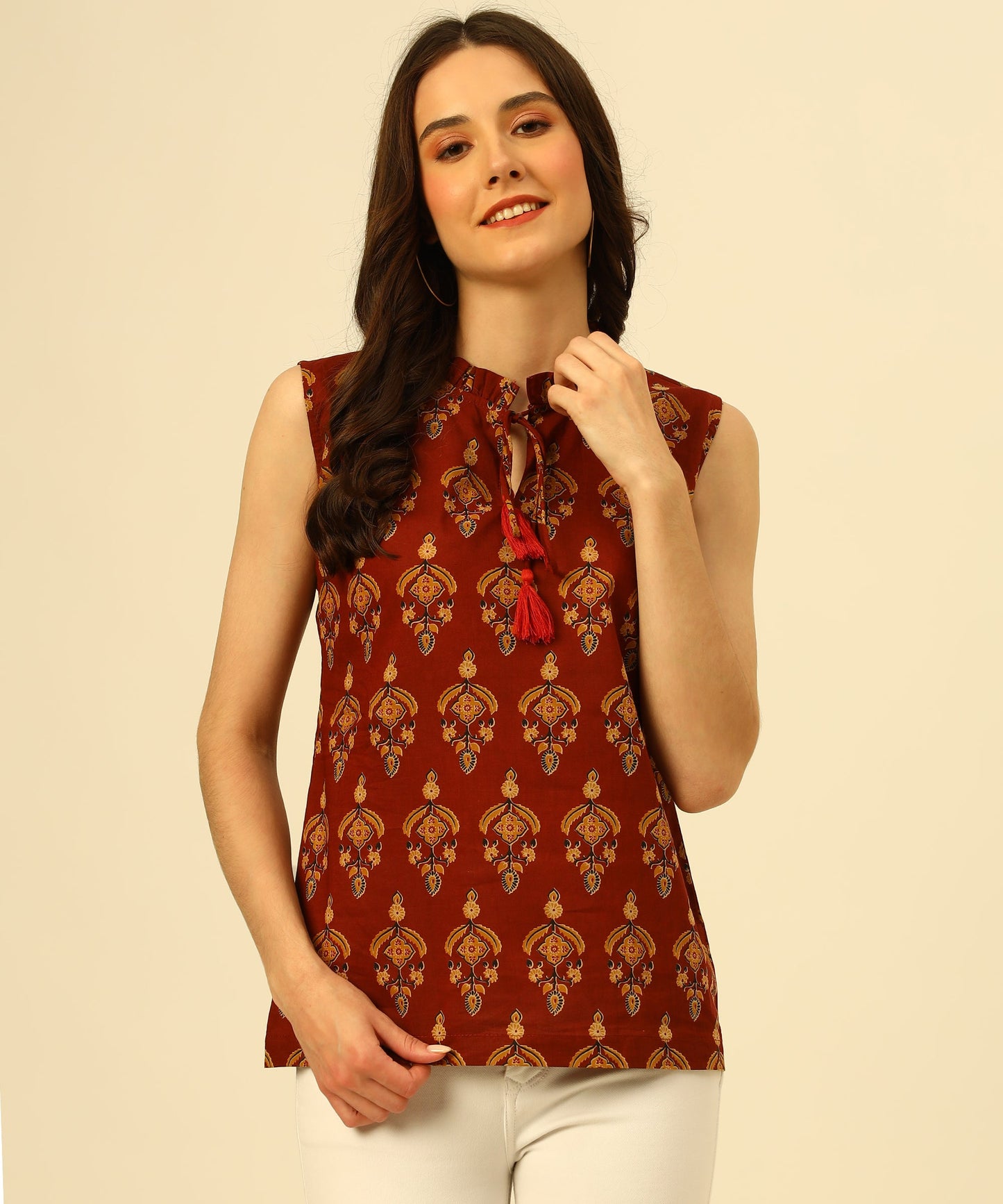 Cotton Printed Sleeveless Regular Fit Office Wear Casual Wear Top, Maroon