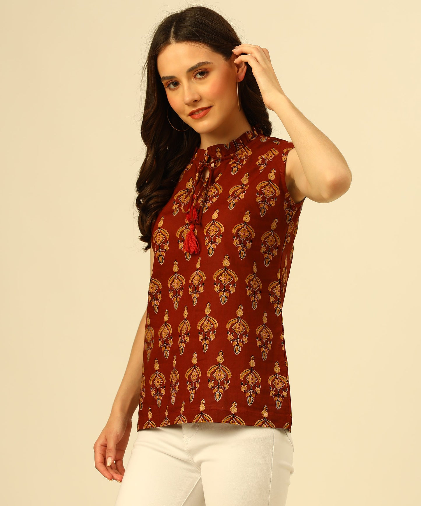 Cotton Printed Sleeveless Regular Fit Office Wear Casual Wear Top, Maroon