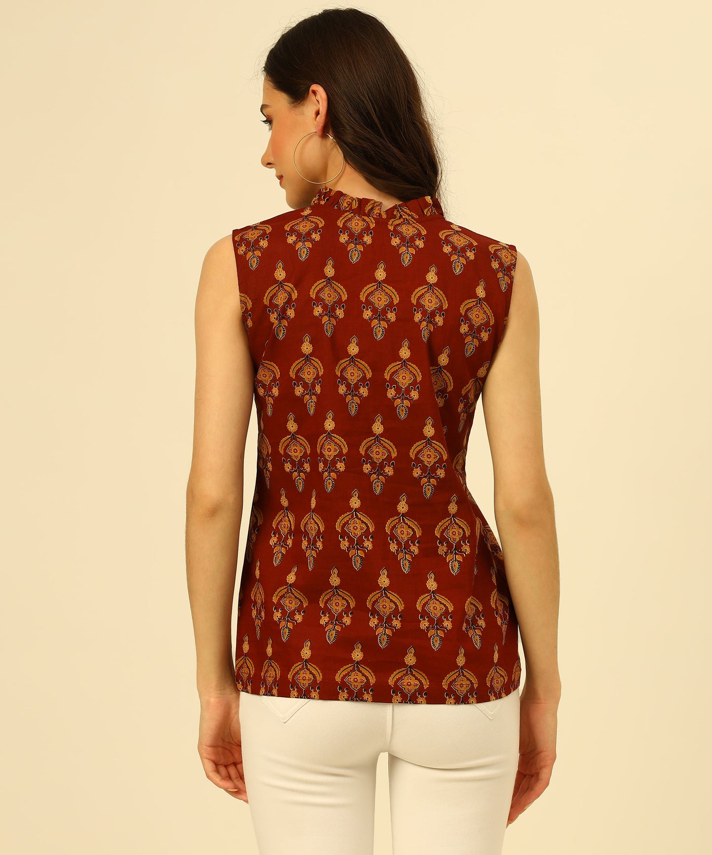 Cotton Printed Sleeveless Regular Fit Office Wear Casual Wear Top, Maroon