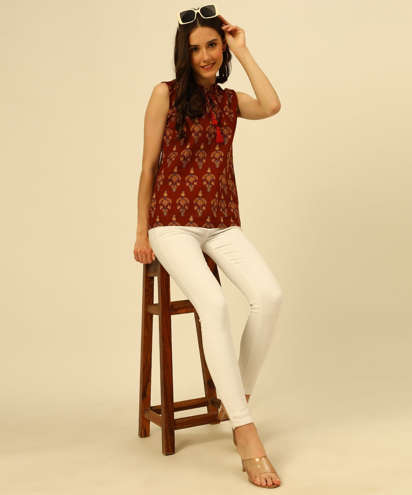 Cotton Printed Sleeveless Regular Fit Office Wear Casual Wear Top, Maroon