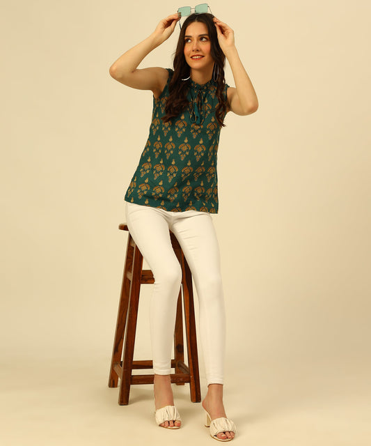 Cotton Printed Sleeveless Regular Fit Office Wear Casual Wear Top, Green