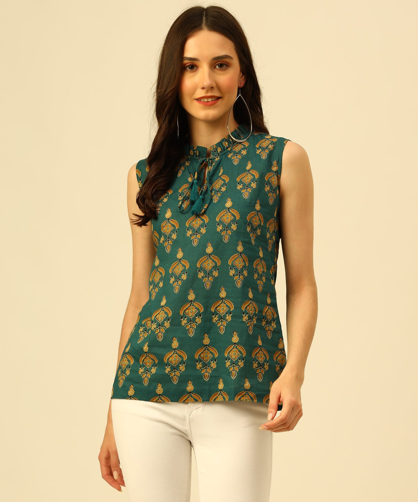 Cotton Printed Sleeveless Regular Fit Office Wear Casual Wear Top, Green