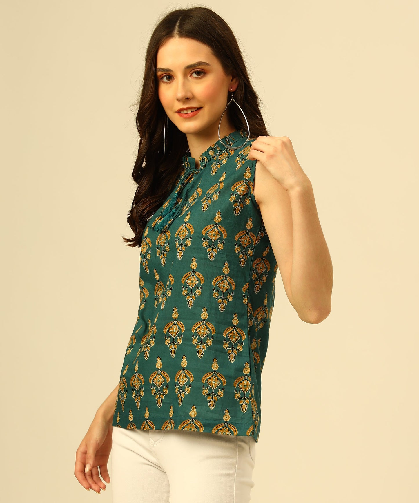 Cotton Printed Sleeveless Regular Fit Office Wear Casual Wear Top, Green
