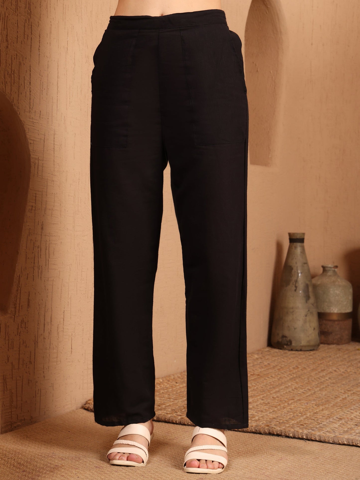 Women's Cotton Co-ord Set | Embroidery Kurta & Wide-Leg Pants | Stylish Ethnic Wear for Women | Casual & Festive Outfit | Summer Wear | Comfortable & Breathable Fabric(Black)