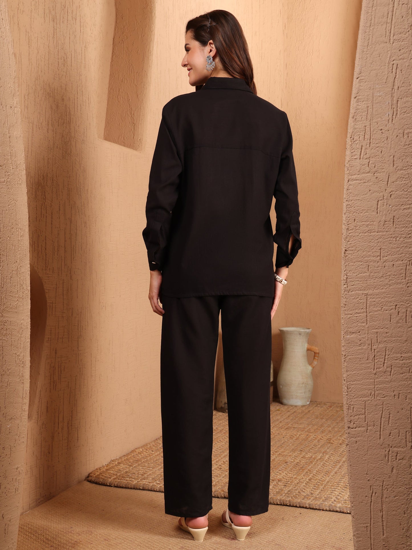 Women's Cotton Co-ord Set | Embroidery Kurta & Wide-Leg Pants | Stylish Ethnic Wear for Women | Casual & Festive Outfit | Summer Wear | Comfortable & Breathable Fabric(Black)