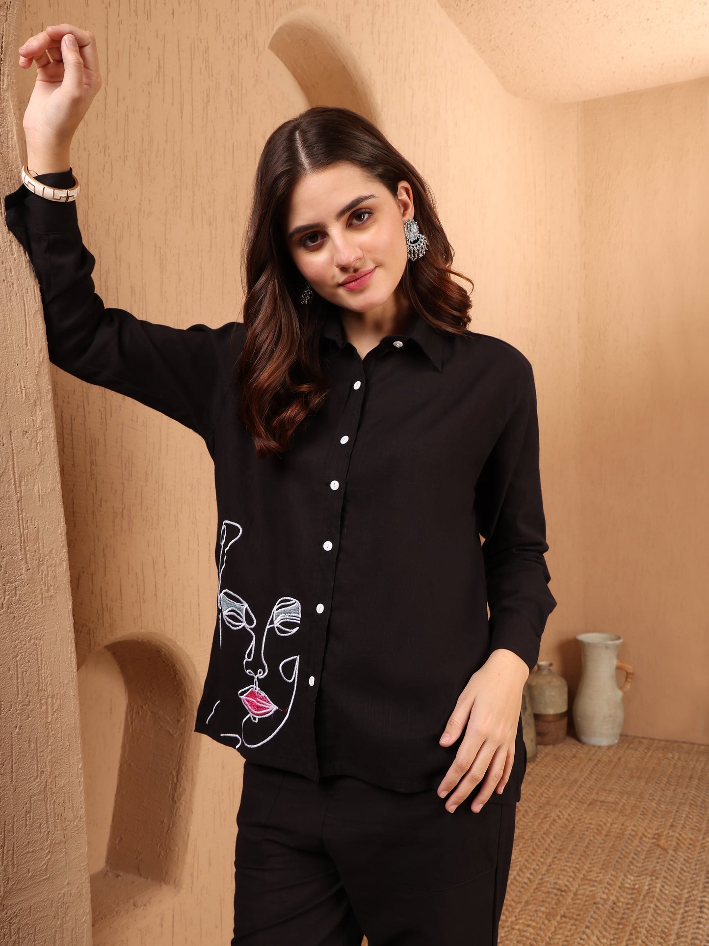 Women's Cotton Co-ord Set | Embroidery Kurta & Wide-Leg Pants | Stylish Ethnic Wear for Women | Casual & Festive Outfit | Summer Wear | Comfortable & Breathable Fabric(Black)