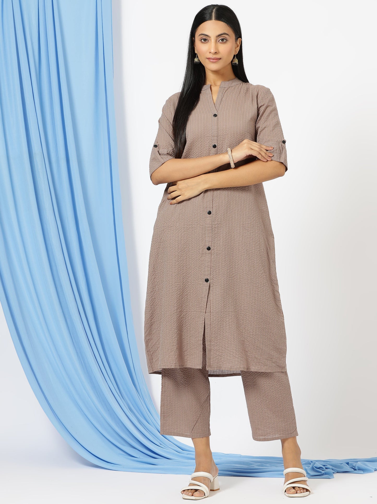 Stylish Katha Cotton Co-ord Set For Women - Shirt Style Kurti with Pants, 2peice Kurta With Trouser Casual Wear(Chicku)