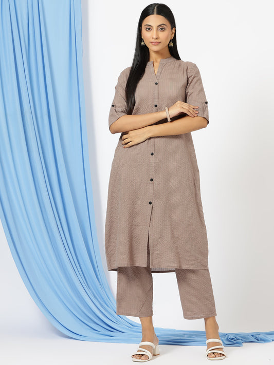 Stylish Katha Cotton Co-ord Set For Women - Shirt Style Kurti with Pants, 2peice Kurta With Trouser Casual Wear(Chicku)