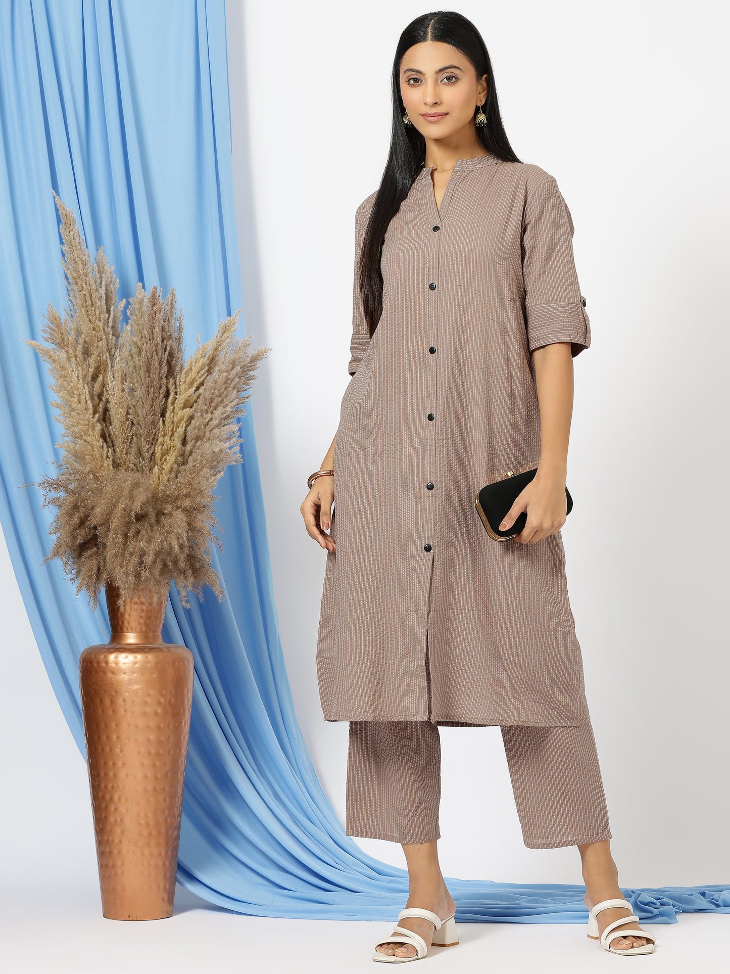 Stylish Katha Cotton Co-ord Set For Women - Shirt Style Kurti with Pants, 2peice Kurta With Trouser Casual Wear(Chicku)