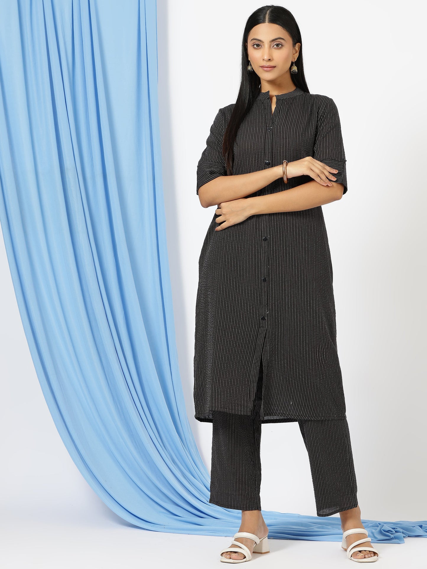Stylish Katha Cotton Co-ord Set For Women - Shirt Style Kurti with Pants, 2peice Kurta With Trouser Casual Wear(Black)