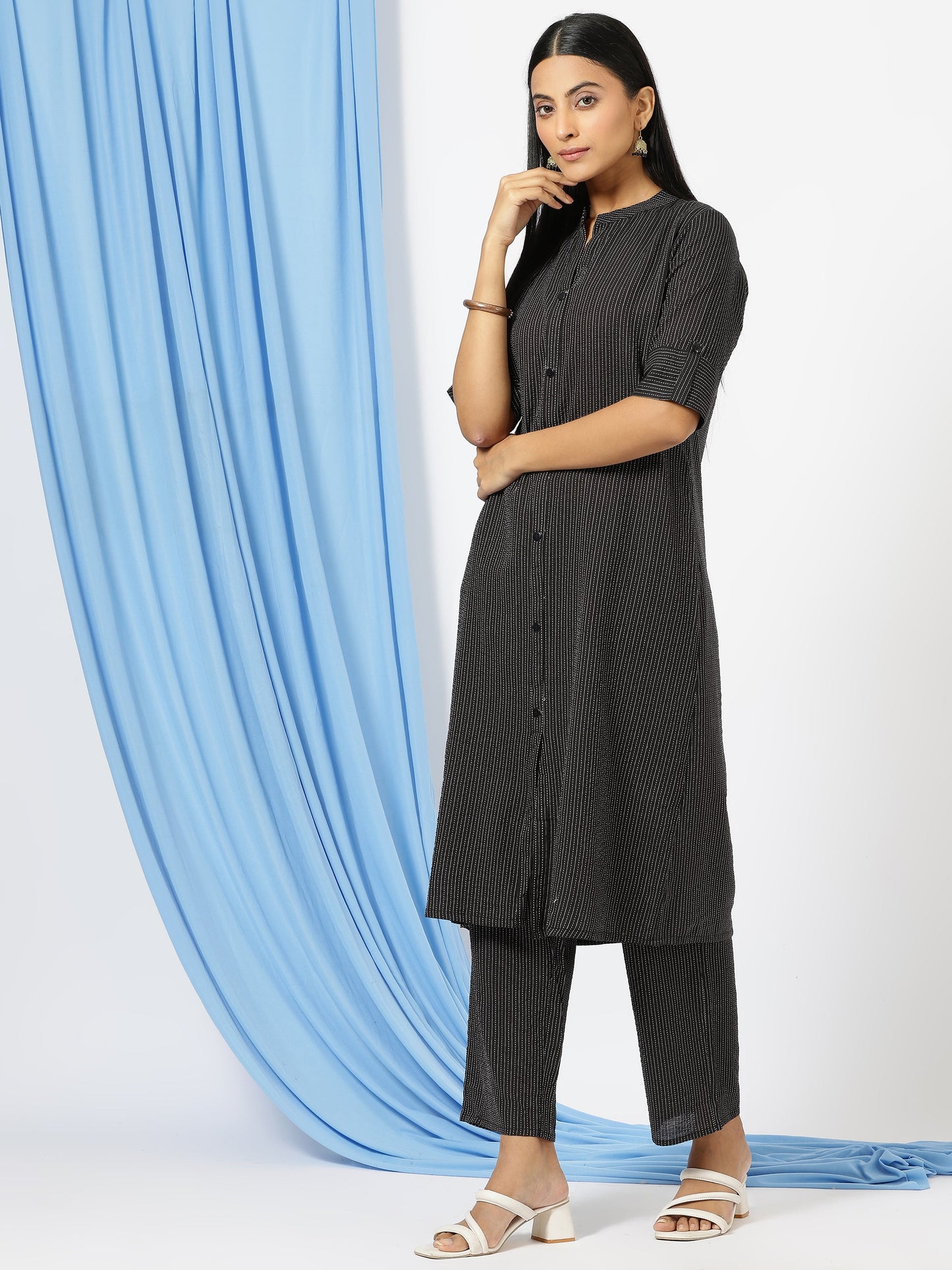 Stylish Katha Cotton Co-ord Set For Women - Shirt Style Kurti with Pants, 2peice Kurta With Trouser Casual Wear(Black)