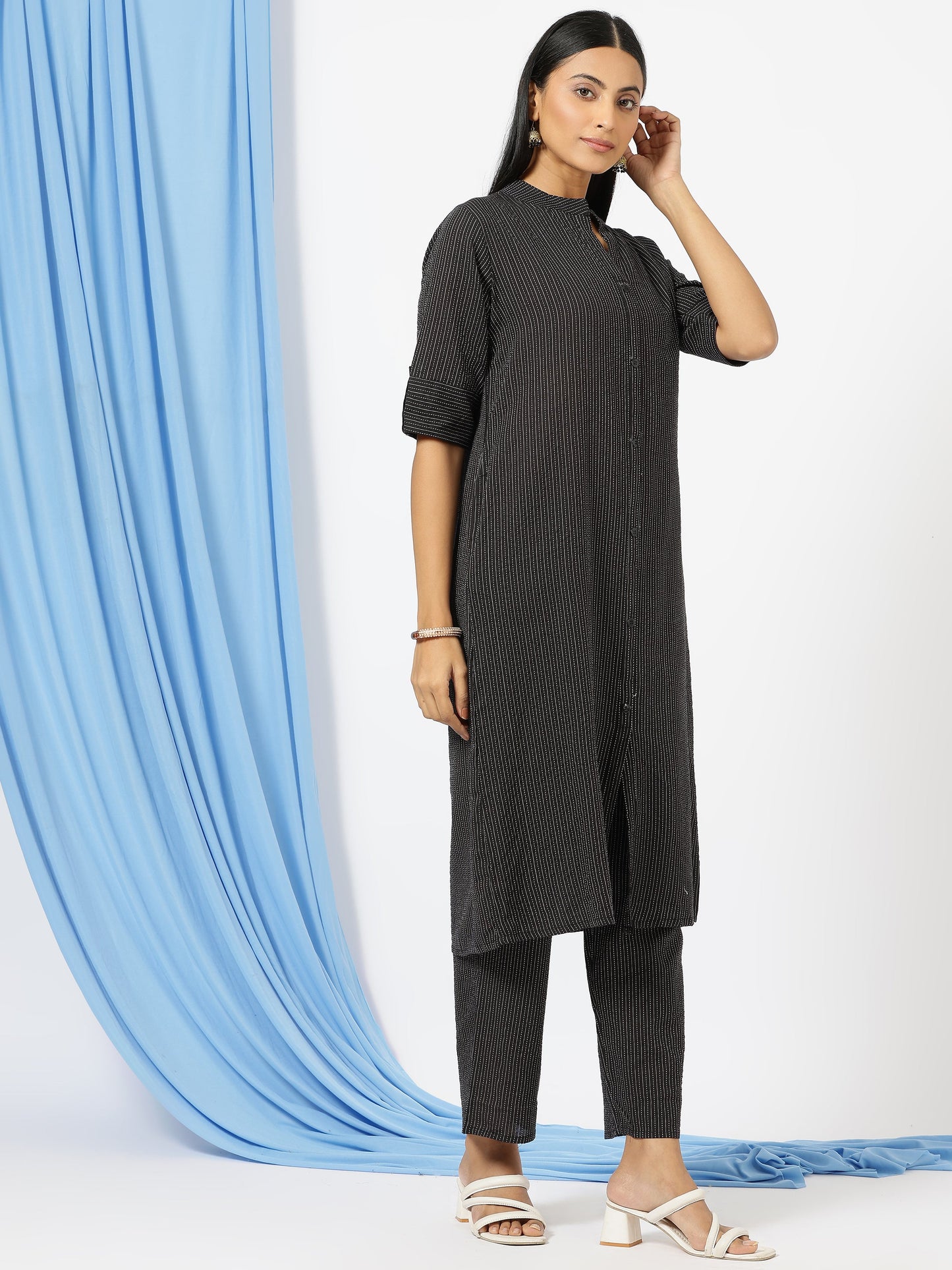 Stylish Katha Cotton Co-ord Set For Women - Shirt Style Kurti with Pants, 2peice Kurta With Trouser Casual Wear(Black)