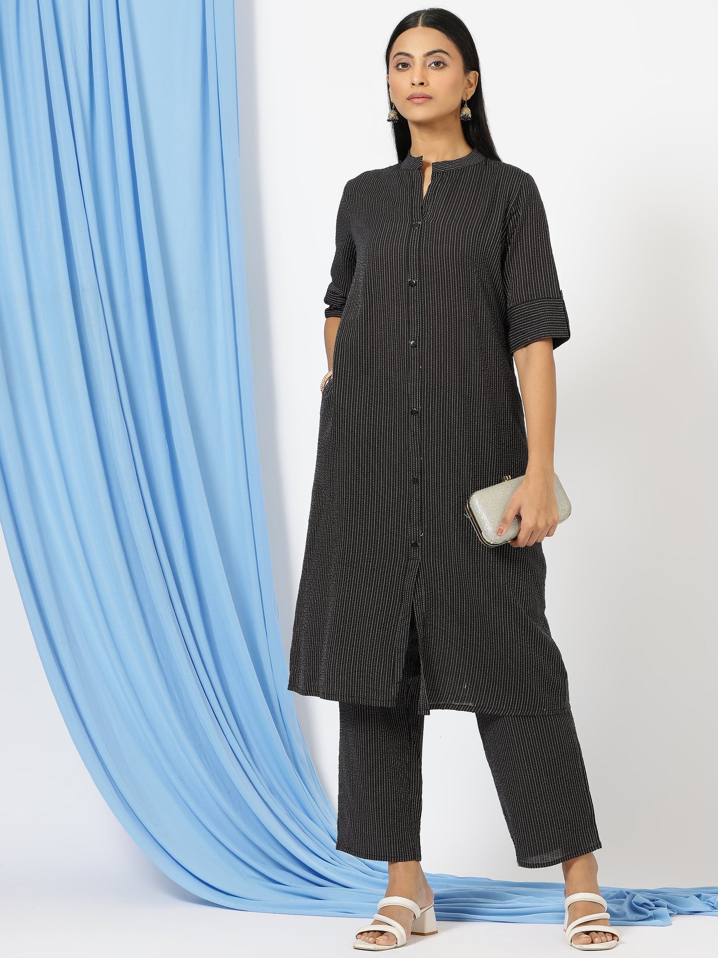 Stylish Katha Cotton Co-ord Set For Women - Shirt Style Kurti with Pants, 2peice Kurta With Trouser Casual Wear(Black)