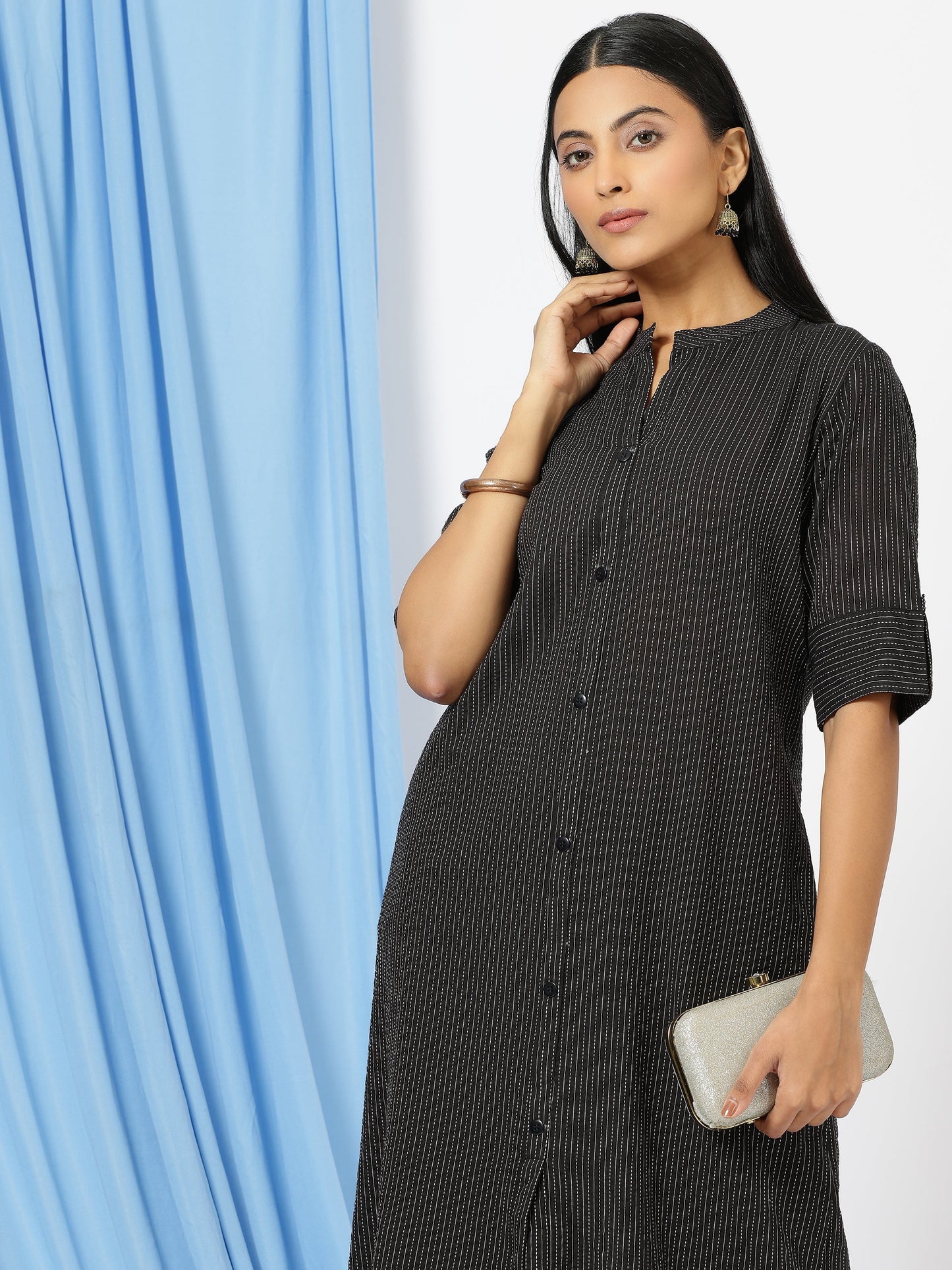 Stylish Katha Cotton Co-ord Set For Women - Shirt Style Kurti with Pants, 2peice Kurta With Trouser Casual Wear(Black)