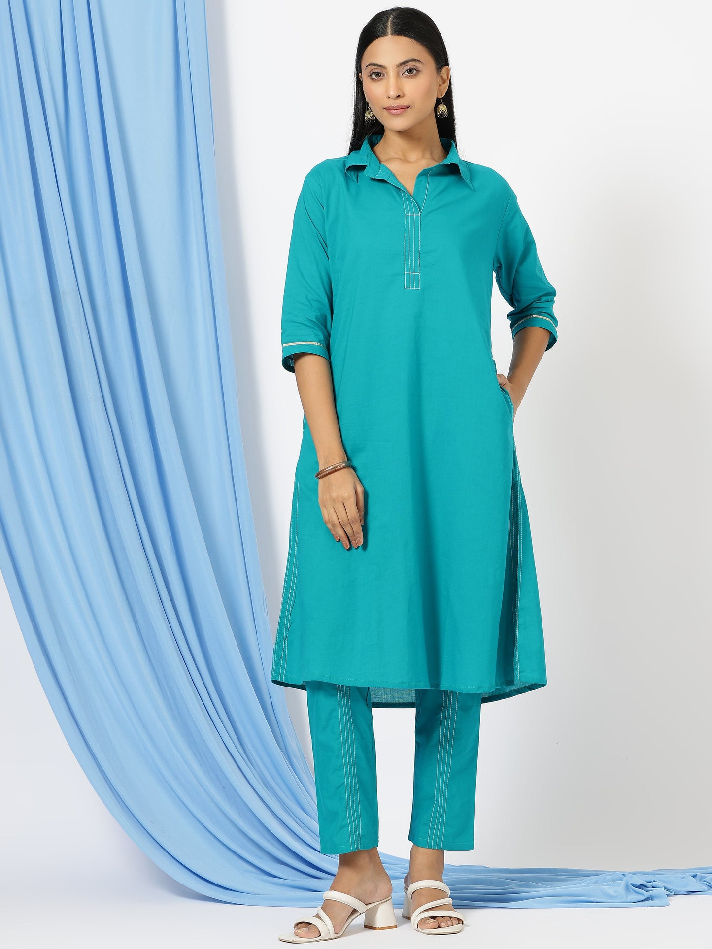 Solid Shirt Style Kurti with Pants(Blue)