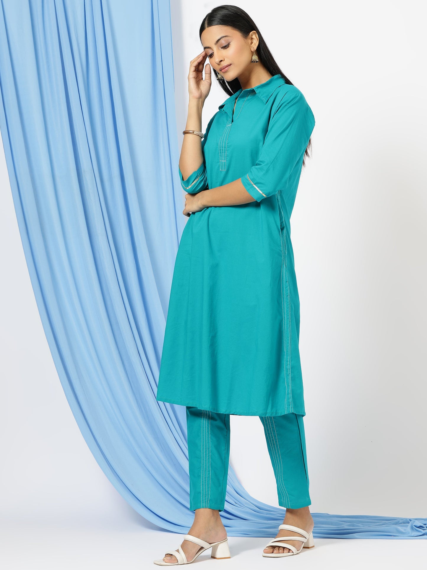 Solid Shirt Style Kurti with Pants(Blue)