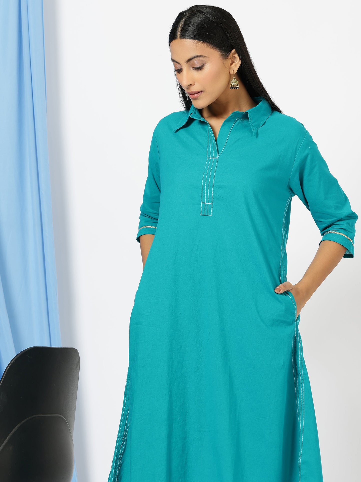 Solid Shirt Style Kurti with Pants(Blue)