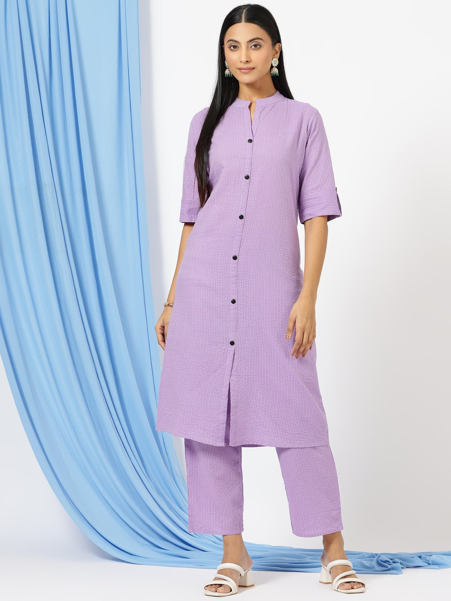 Stylish Katha Cotton Co-ord Set For Women - Shirt Style Kurti with Pants, 2peice Kurta With Trouser Casual Wear(Purple)