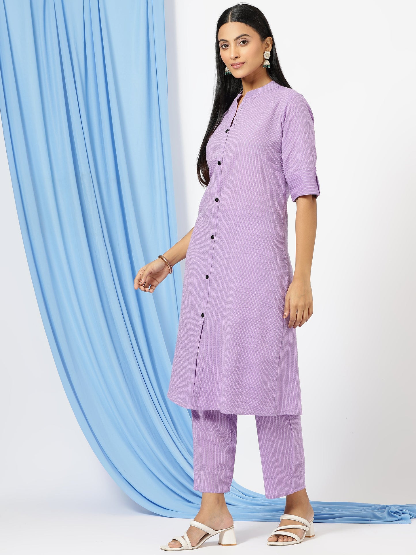 Stylish Katha Cotton Co-ord Set For Women - Shirt Style Kurti with Pants, 2peice Kurta With Trouser Casual Wear(Purple)