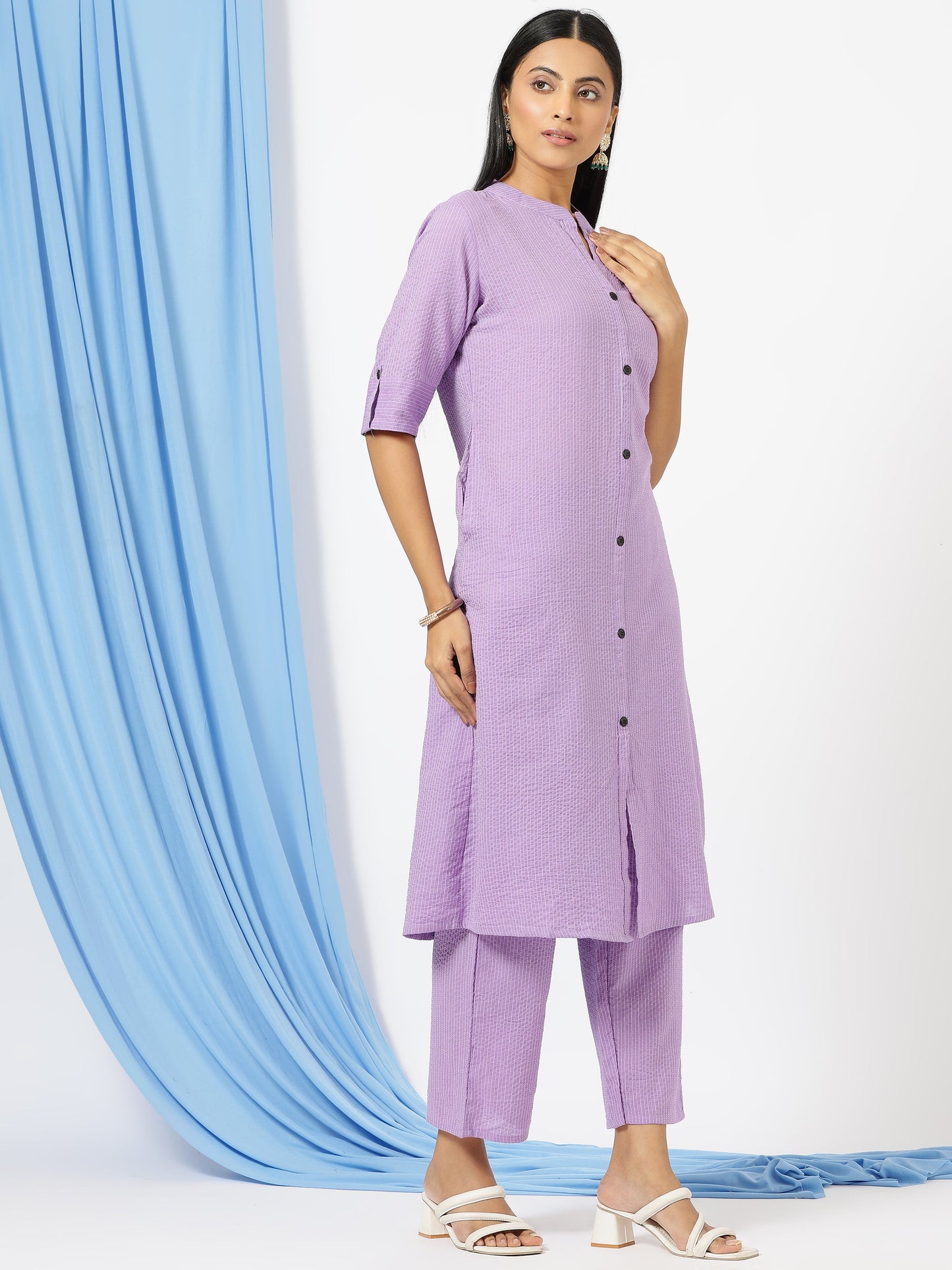 Stylish Katha Cotton Co-ord Set For Women - Shirt Style Kurti with Pants, 2peice Kurta With Trouser Casual Wear(Purple)