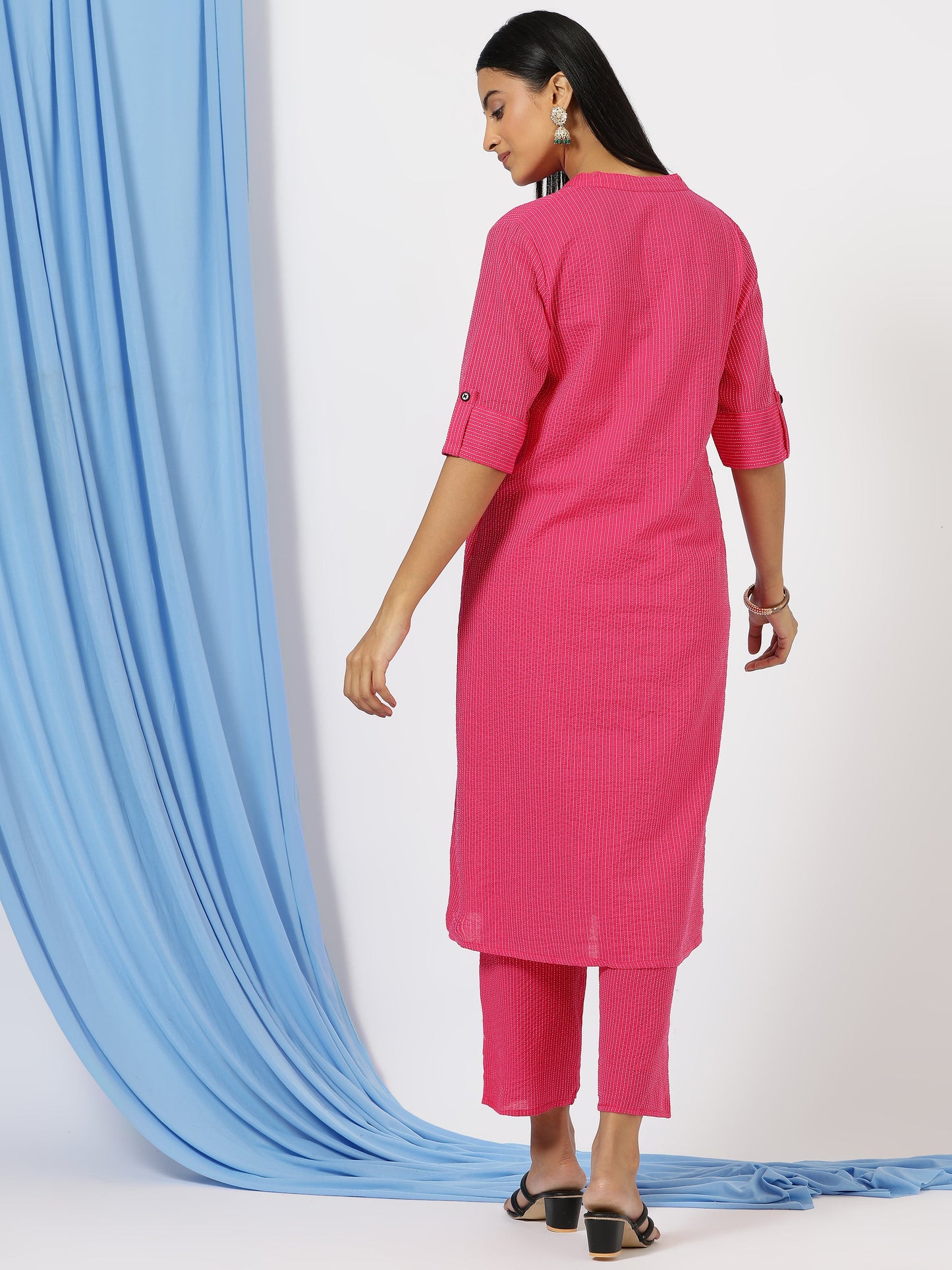 Stylish Katha Cotton Co-ord Set For Women - Shirt Style Kurti with Pants, 2peice Kurta With Trouser Casual Wear(Pink)