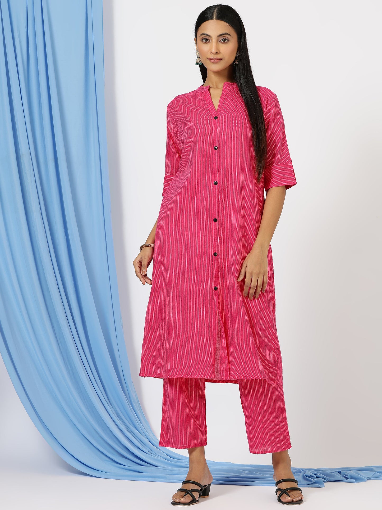 Stylish Katha Cotton Co-ord Set For Women - Shirt Style Kurti with Pants, 2peice Kurta With Trouser Casual Wear(Pink)