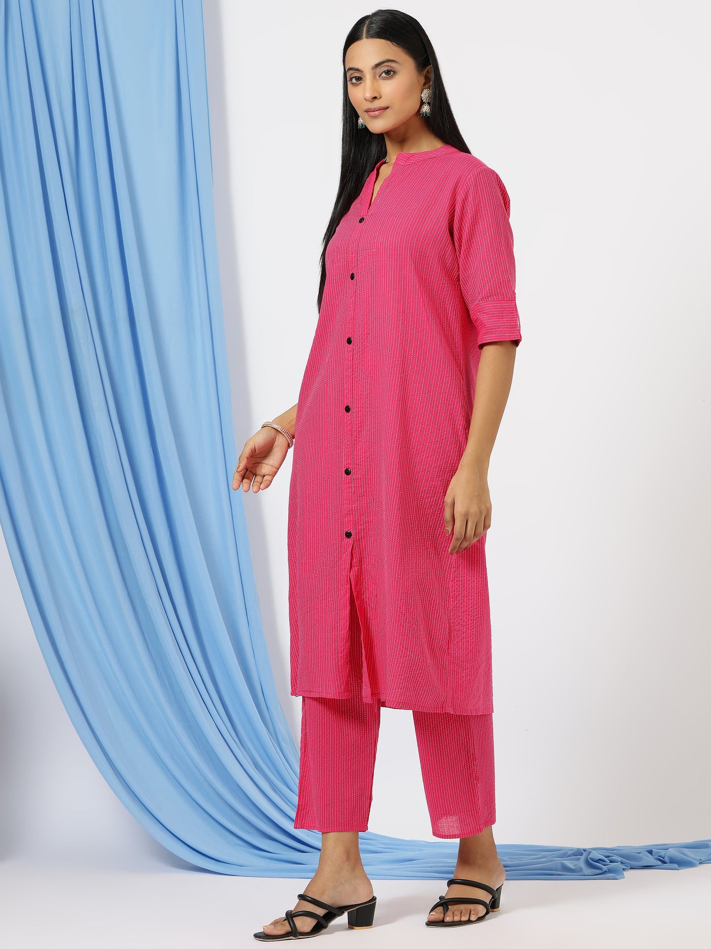 Stylish Katha Cotton Co-ord Set For Women - Shirt Style Kurti with Pants, 2peice Kurta With Trouser Casual Wear(Pink)
