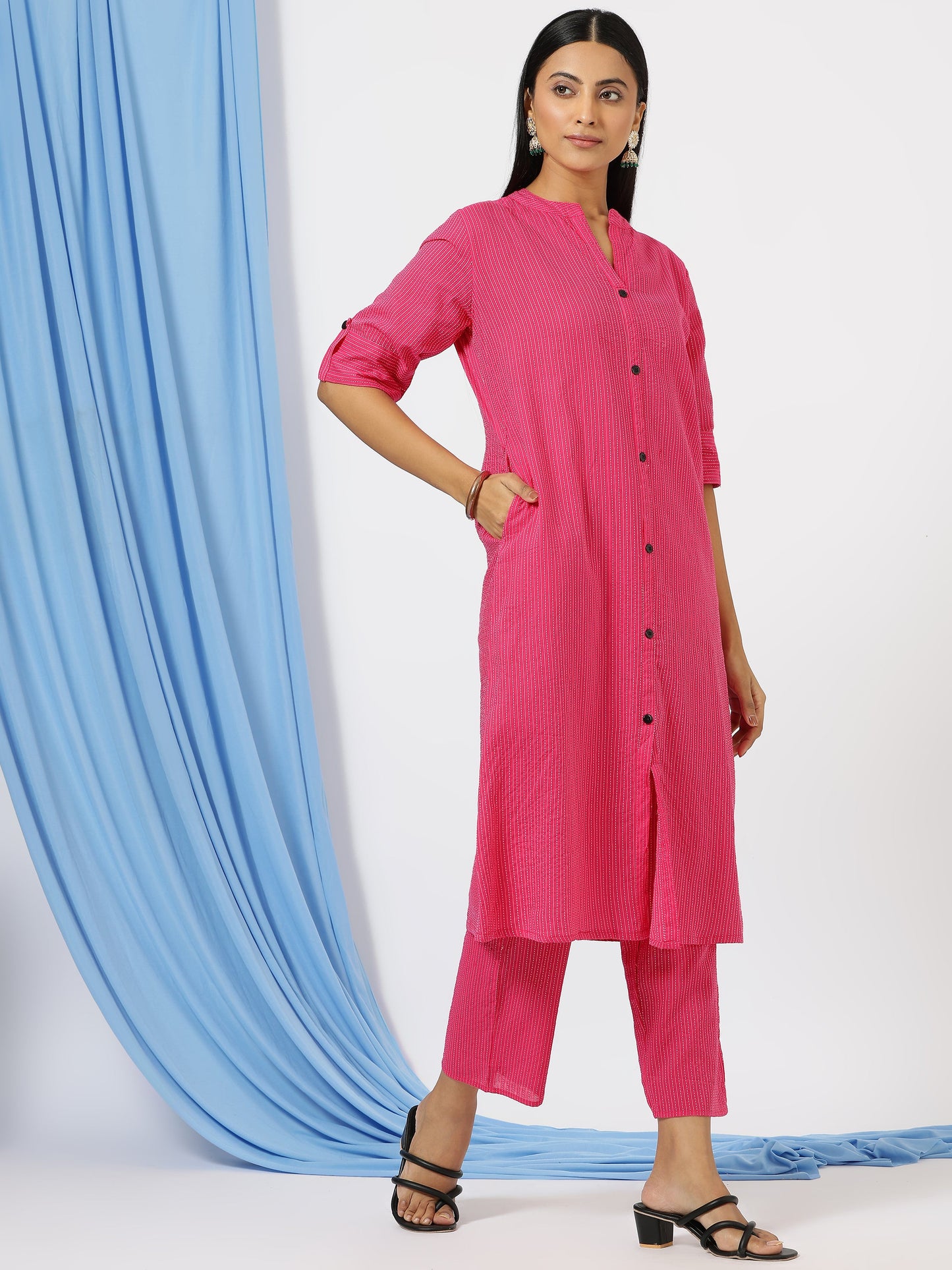 Stylish Katha Cotton Co-ord Set For Women - Shirt Style Kurti with Pants, 2peice Kurta With Trouser Casual Wear(Pink)