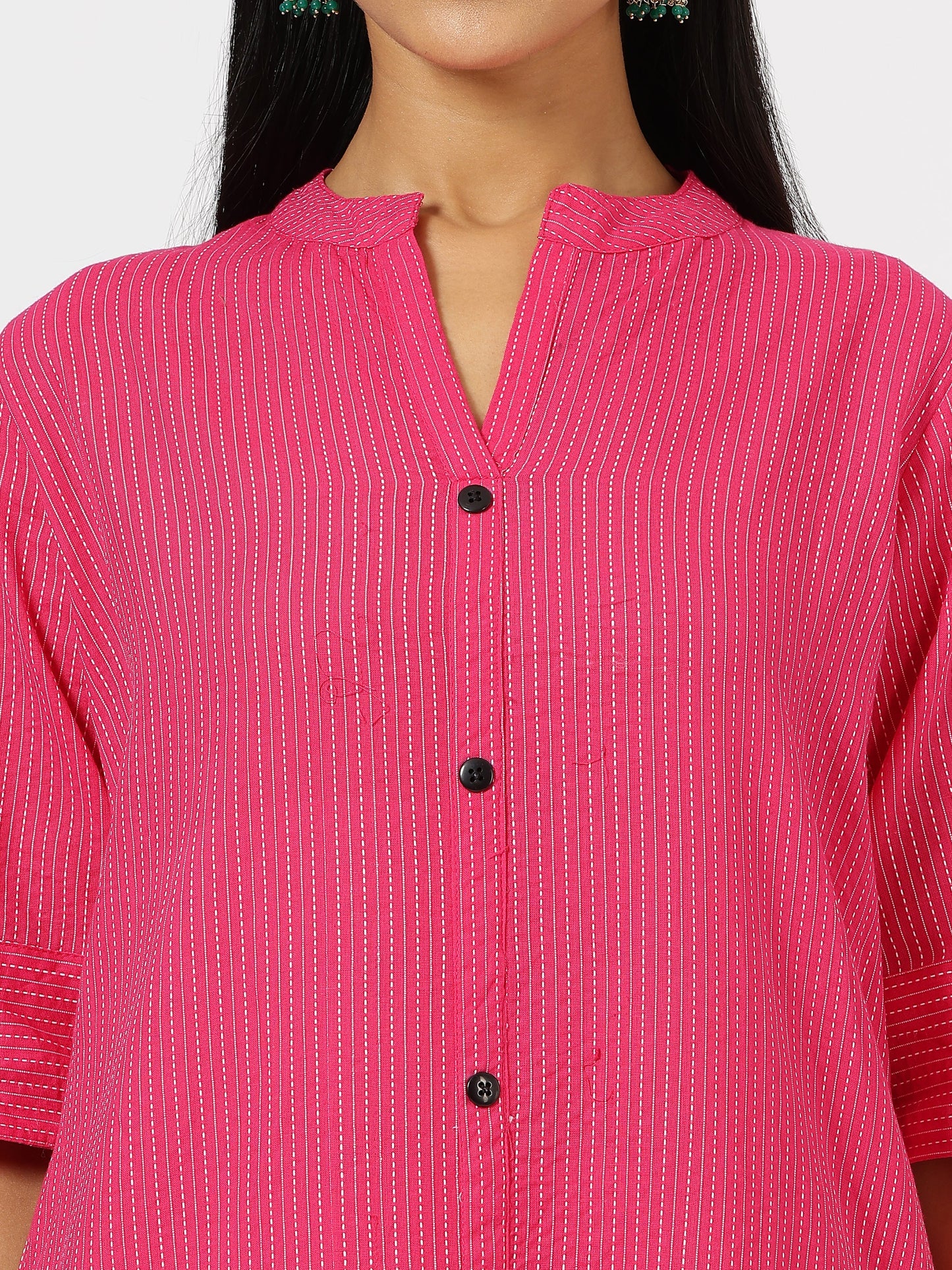 Stylish Katha Cotton Co-ord Set For Women - Shirt Style Kurti with Pants, 2peice Kurta With Trouser Casual Wear(Pink)