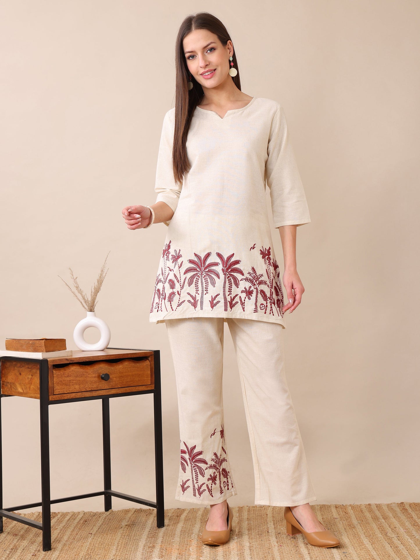 Women's Cotton Co-ord Set | Embroidery Kurta & Wide-Leg Pants | Stylish Ethnic Wear for Women | Casual & Festive Outfit | Summer Wear | Comfortable & Breathable Fabric(Maroon)