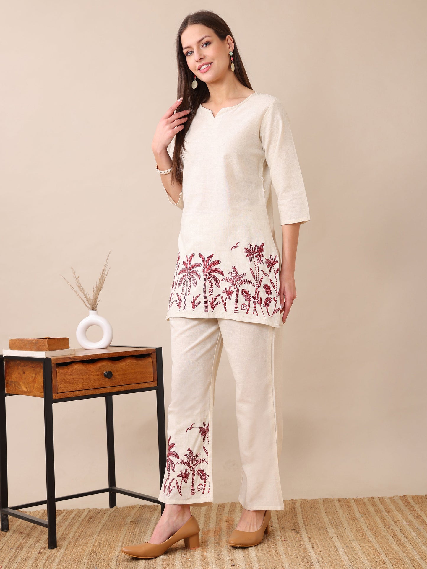 Women's Cotton Co-ord Set | Embroidery Kurta & Wide-Leg Pants | Stylish Ethnic Wear for Women | Casual & Festive Outfit | Summer Wear | Comfortable & Breathable Fabric(Maroon)
