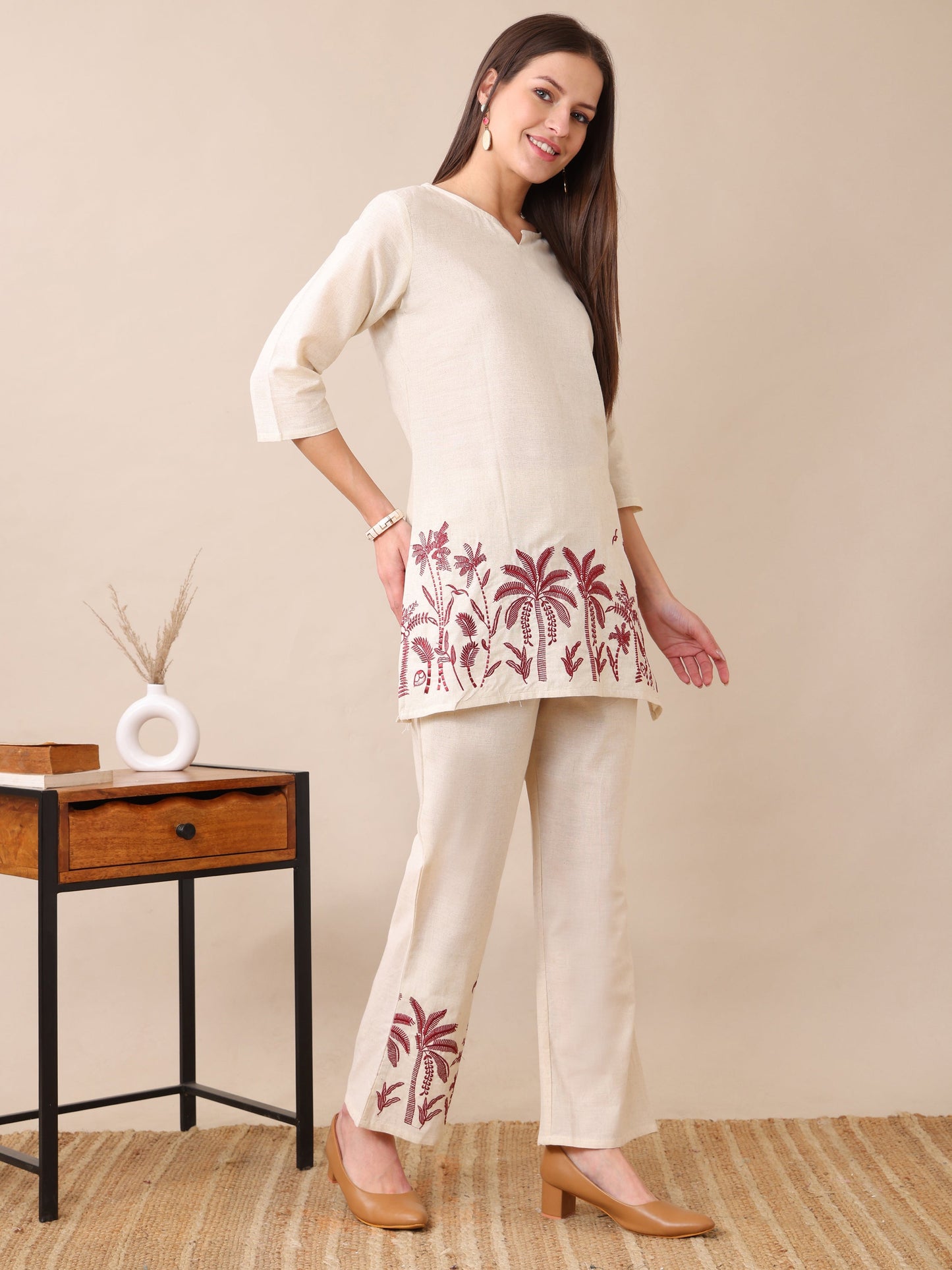 Women's Cotton Co-ord Set | Embroidery Kurta & Wide-Leg Pants | Stylish Ethnic Wear for Women | Casual & Festive Outfit | Summer Wear | Comfortable & Breathable Fabric(Maroon)