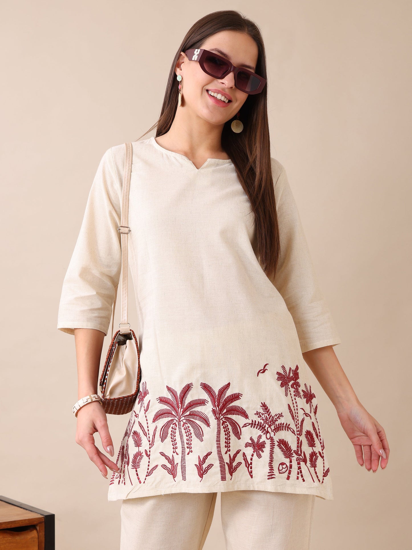 Women's Cotton Co-ord Set | Embroidery Kurta & Wide-Leg Pants | Stylish Ethnic Wear for Women | Casual & Festive Outfit | Summer Wear | Comfortable & Breathable Fabric(Maroon)