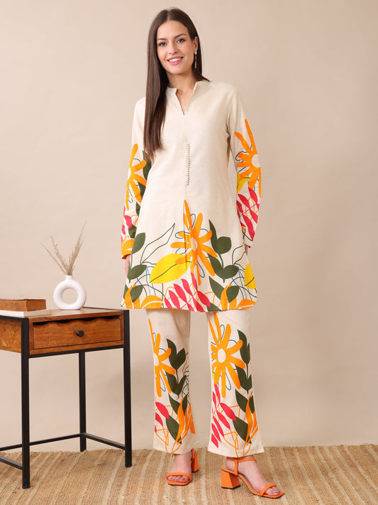 Women's Cotton Co-ord Set | Embroidery Kurta & Wide-Leg Pants | Stylish Ethnic Wear for Women | Casual & Festive Outfit | Summer Wear | Comfortable & Breathable Fabric(Orange)