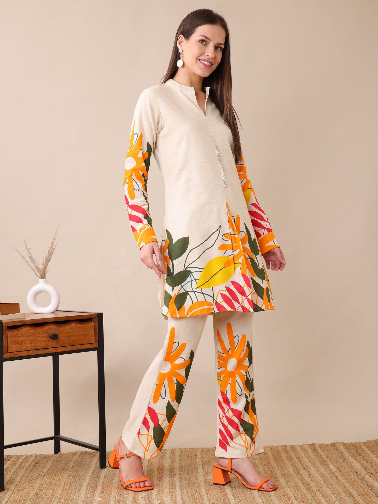 Women's Cotton Co-ord Set | Embroidery Kurta & Wide-Leg Pants | Stylish Ethnic Wear for Women | Casual & Festive Outfit | Summer Wear | Comfortable & Breathable Fabric(Orange)