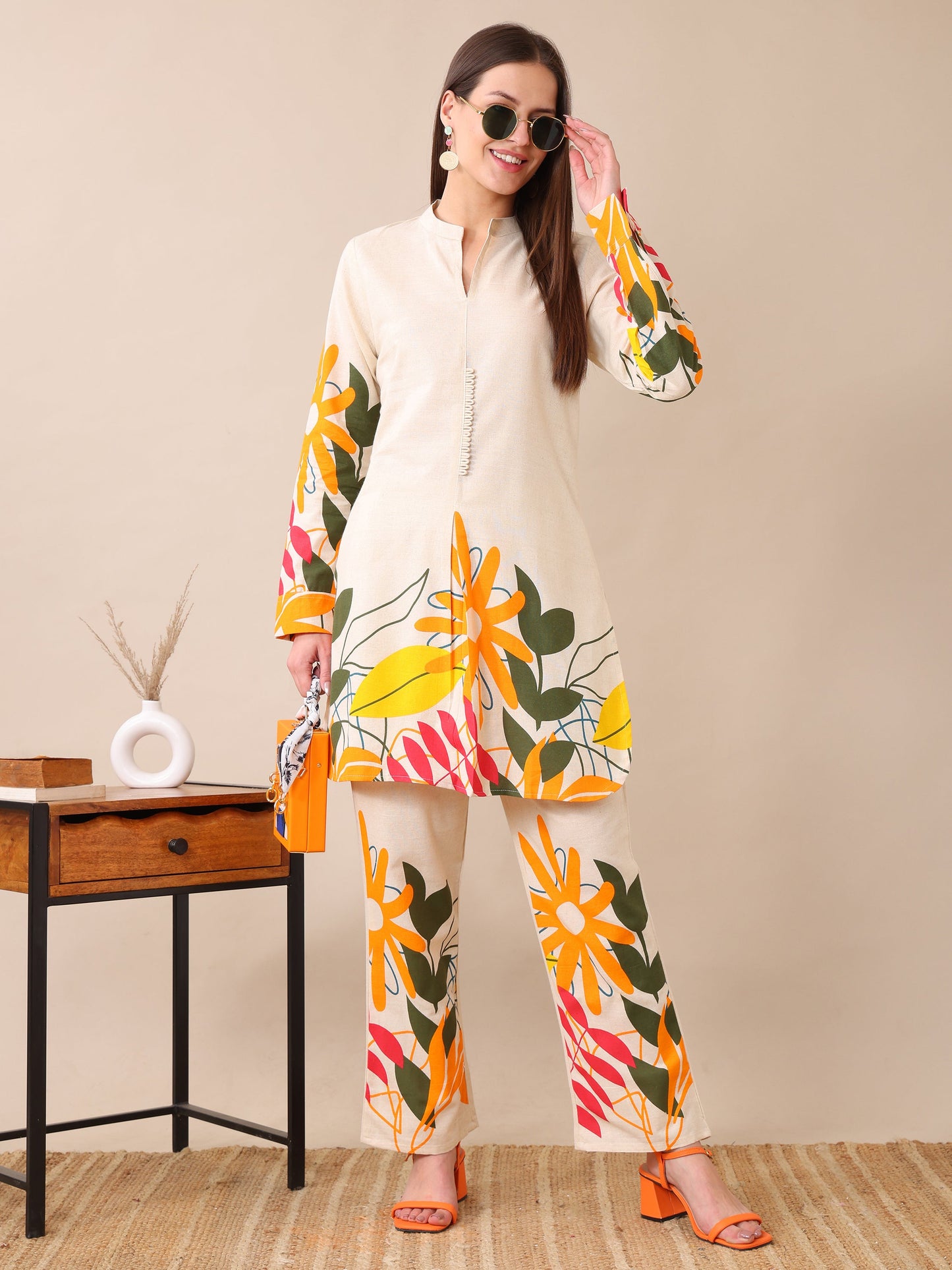 Women's Cotton Co-ord Set | Embroidery Kurta & Wide-Leg Pants | Stylish Ethnic Wear for Women | Casual & Festive Outfit | Summer Wear | Comfortable & Breathable Fabric(Orange)