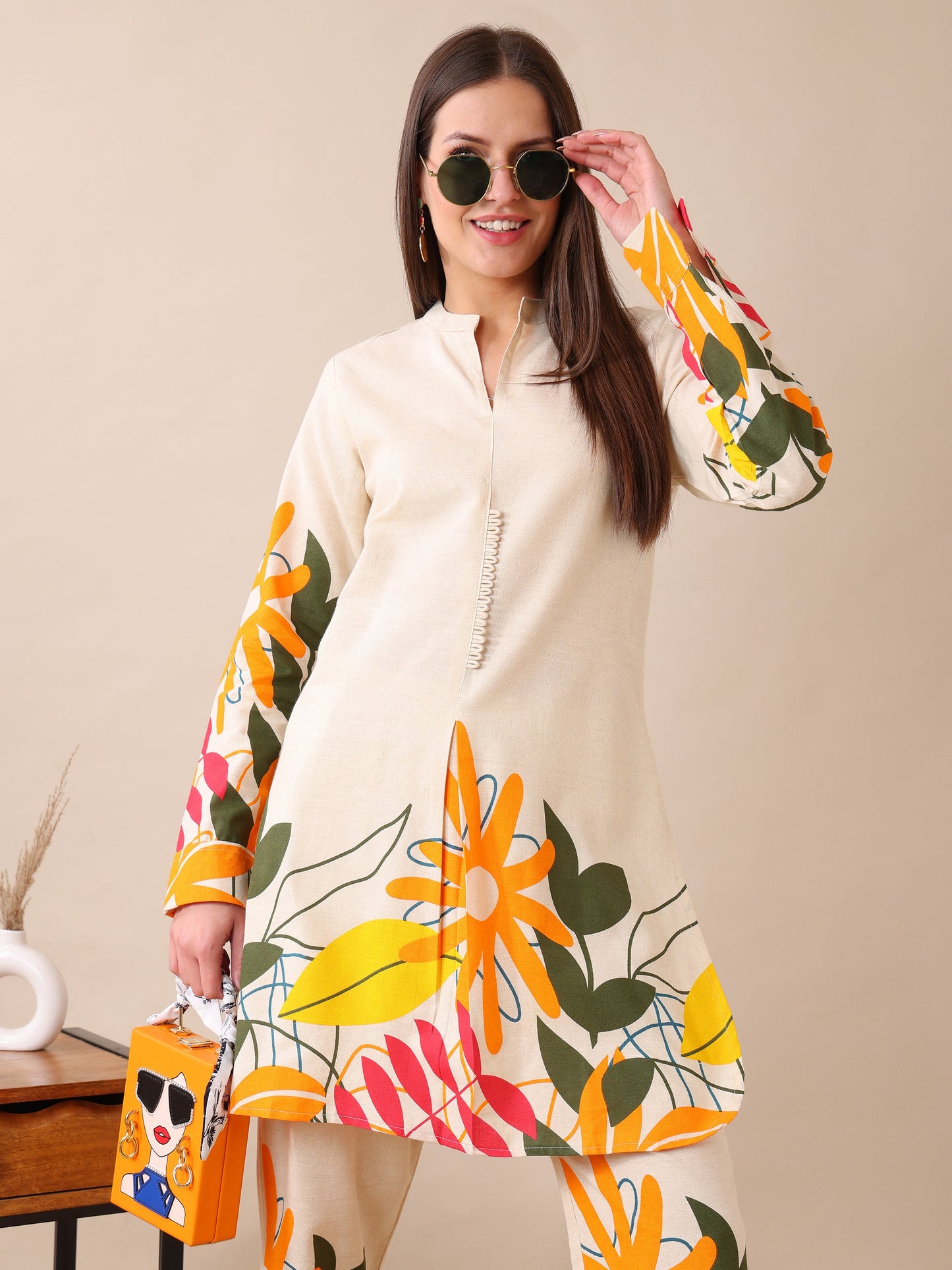 Women's Cotton Co-ord Set | Embroidery Kurta & Wide-Leg Pants | Stylish Ethnic Wear for Women | Casual & Festive Outfit | Summer Wear | Comfortable & Breathable Fabric(Orange)