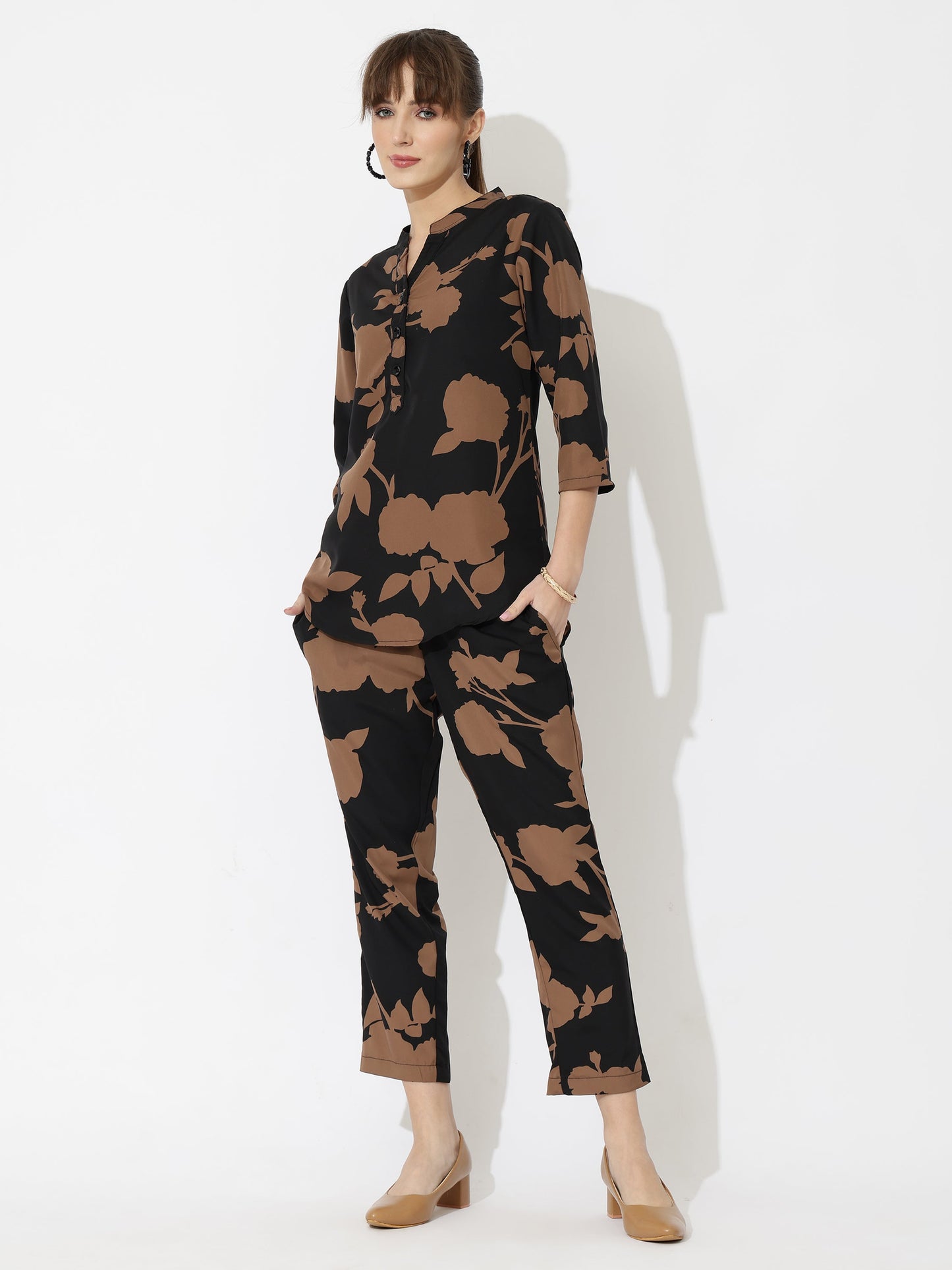 Printed Co-Ord Set for Women - Stylish & Comfortable, Latest Fashion Two-Piece Outfit(Black Brown)