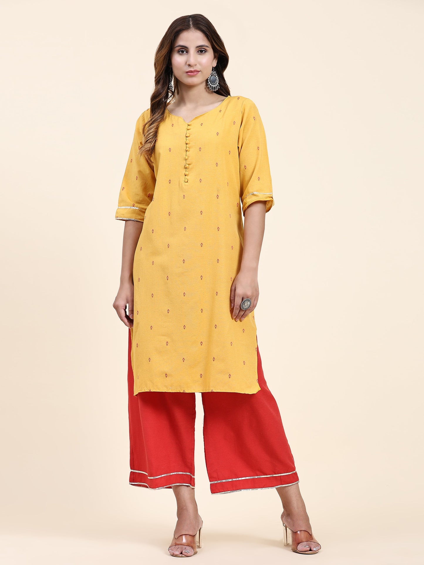 ANUSHIL Women's Cotton Kurta Plazzo Dupatta Set - Graceful Lace Detailing and Comfortable 3/4 Sleeves (Yellow)