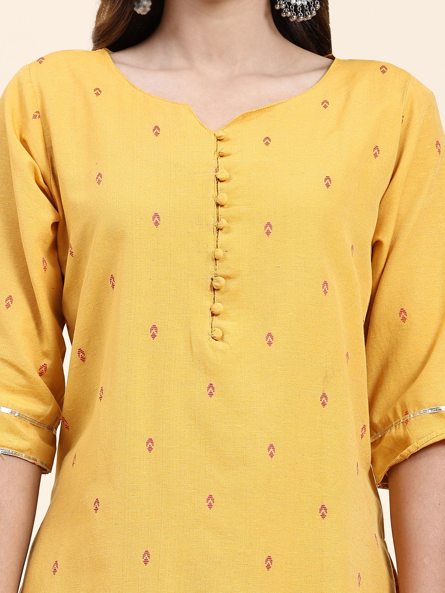 ANUSHIL Women's Cotton Kurta Plazzo Dupatta Set - Graceful Lace Detailing and Comfortable 3/4 Sleeves (Yellow)