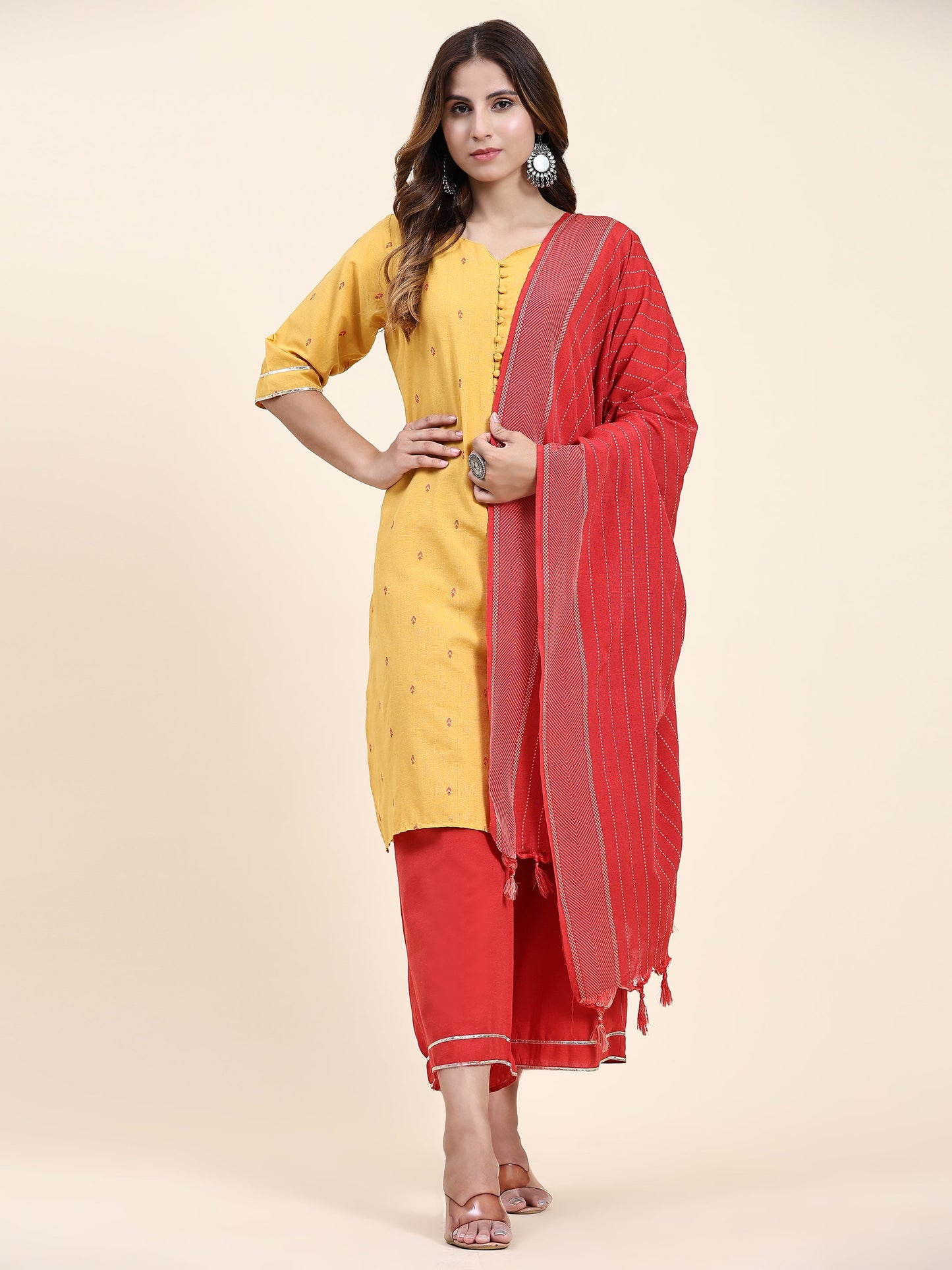 ANUSHIL Women's Cotton Kurta Plazzo Dupatta Set - Graceful Lace Detailing and Comfortable 3/4 Sleeves (Yellow)
