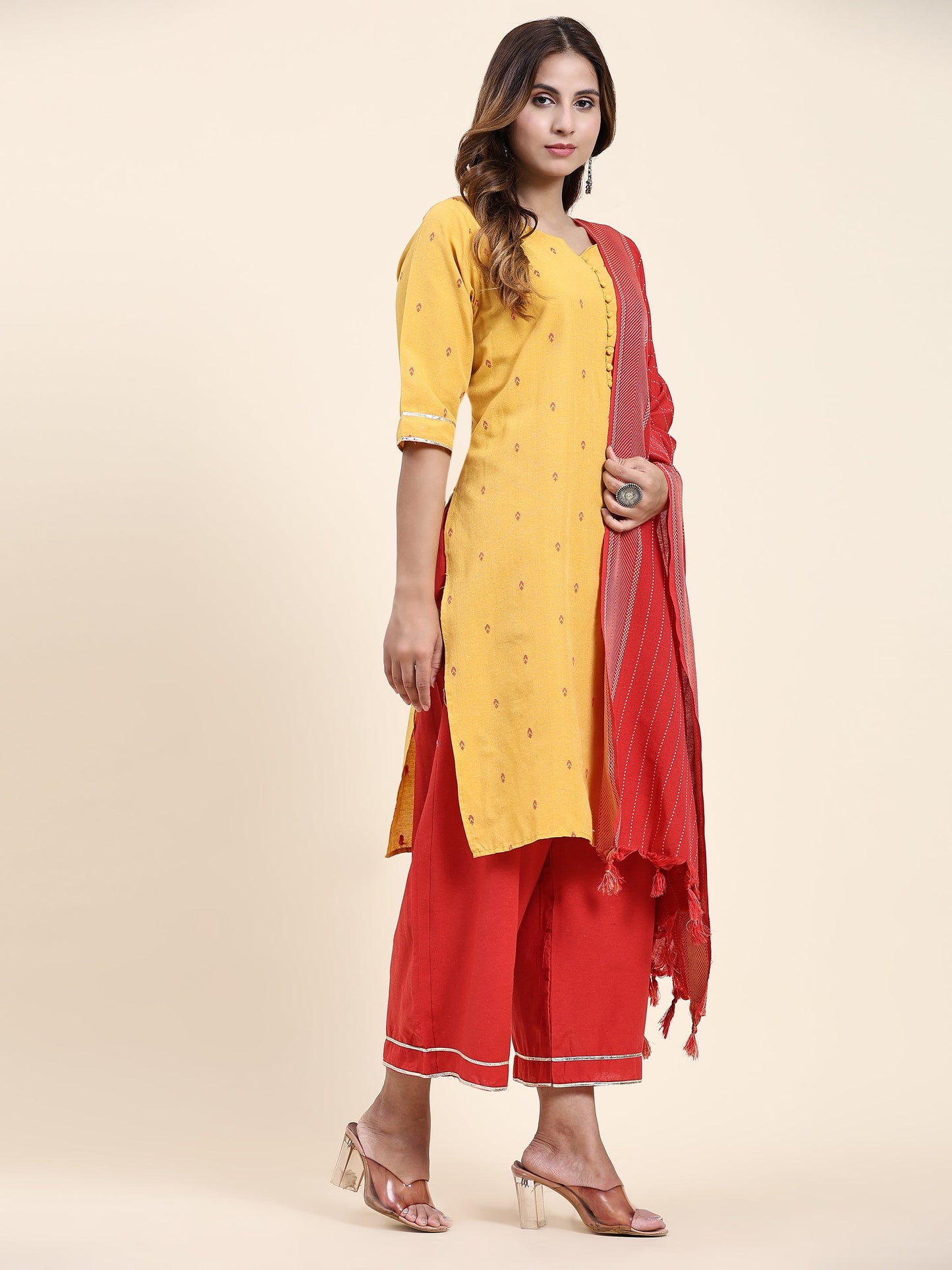 ANUSHIL Women's Cotton Kurta Plazzo Dupatta Set - Graceful Lace Detailing and Comfortable 3/4 Sleeves (Yellow)