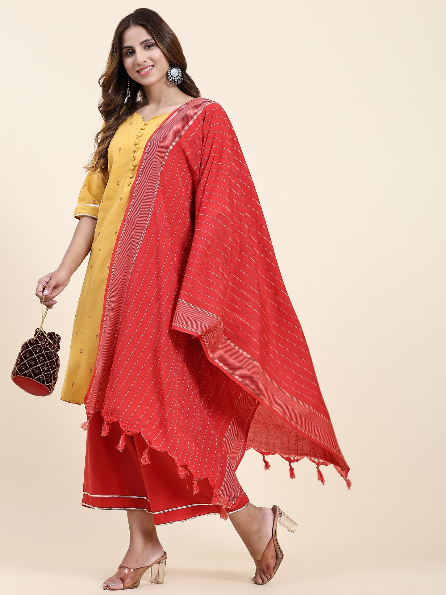 ANUSHIL Women's Cotton Kurta Plazzo Dupatta Set - Graceful Lace Detailing and Comfortable 3/4 Sleeves (Yellow)